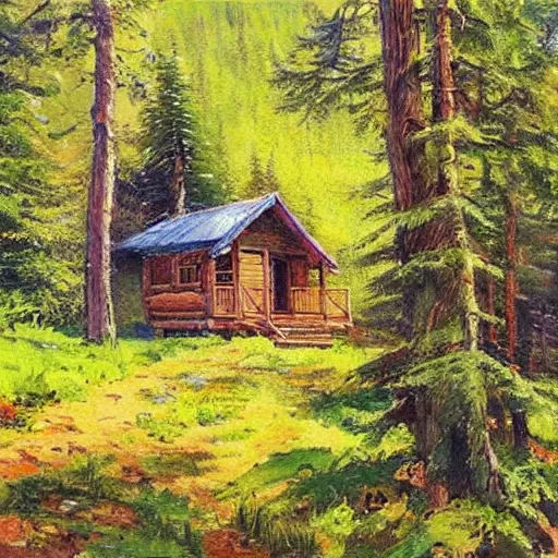 Image similar to a cabin on a small hill surrounded by colorful trees, drawn by colin campbell cooper