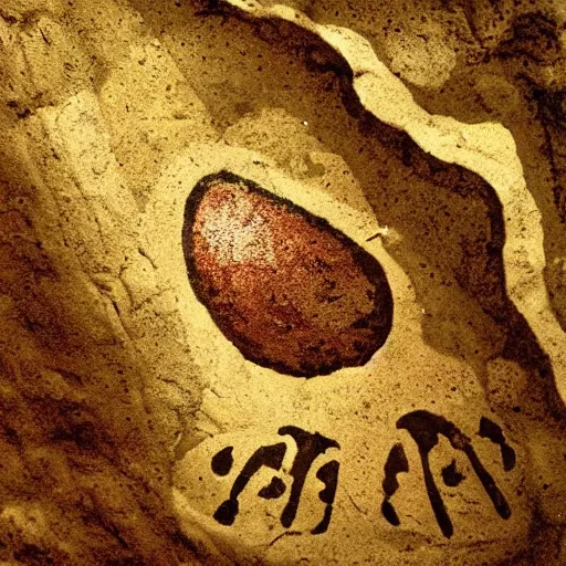 Image similar to photo of a cave painting petroglyph of an avocado being stolen, parietal art style, cave painting, sepia colors