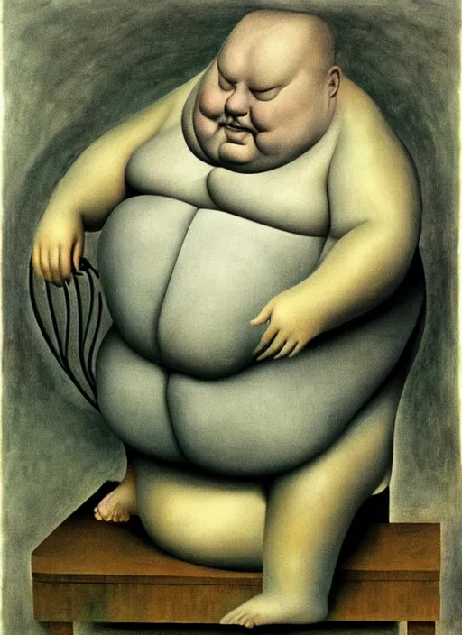 Image similar to fat man sitting on chair looking at his smartphone, hysterical, sweat, fat, frustrated, art by gertrude abercrombie hans bellmer and william blake