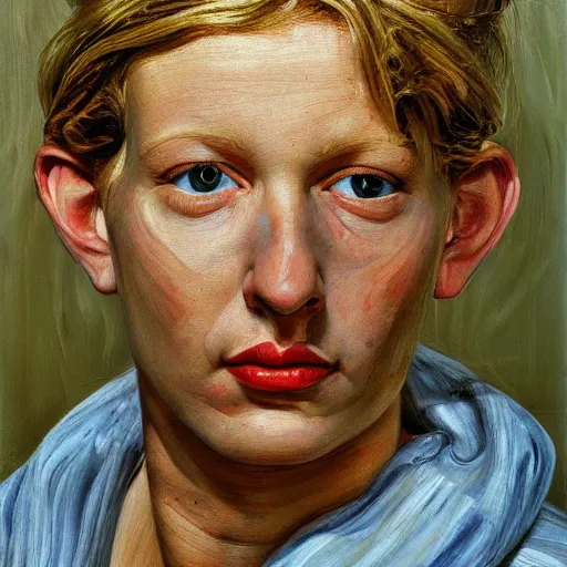 Image similar to high quality high detail painting by lucian freud, hd, portrait of a blonde, photorealistic lighting