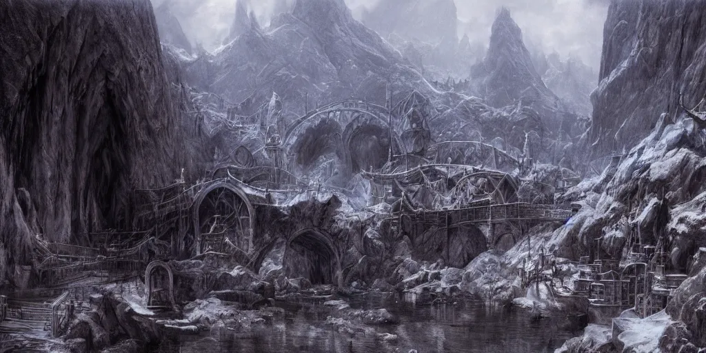 Prompt: Bridge in the Mines of Moria, detailed matte painting, cinematic, Alan Lee, Artstation
