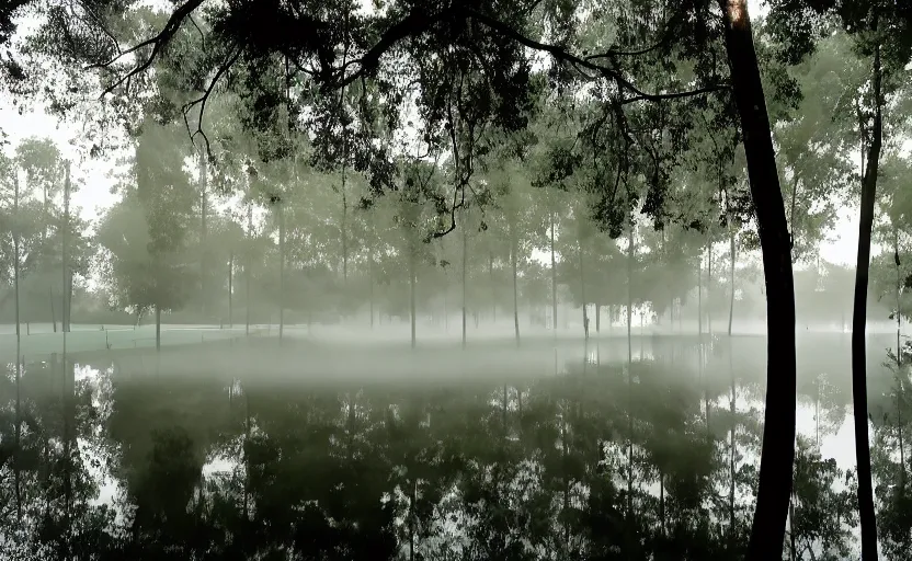 Prompt: augusta national, the masters, many beautiful flowers and magnlia trees, completely flooded with brown water, beautiful ambient light, fog,