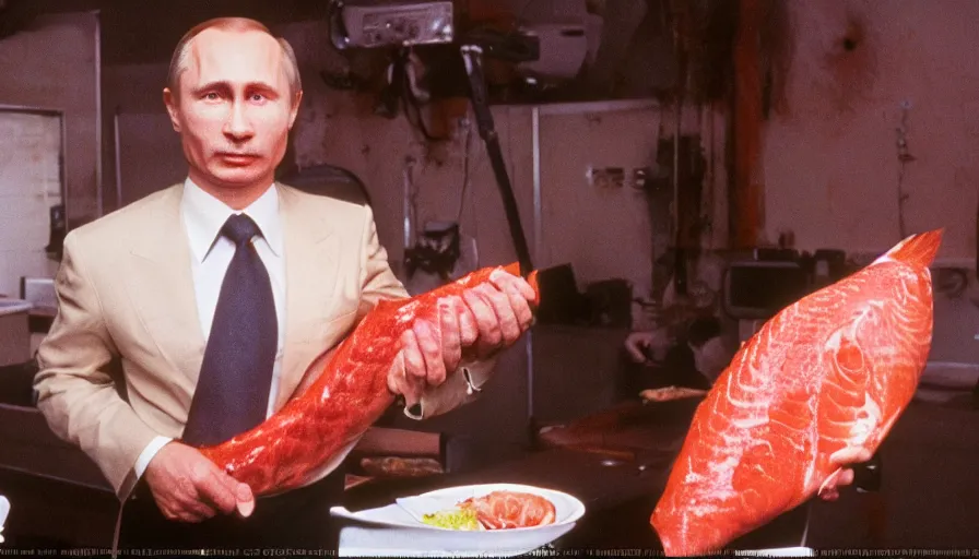 Prompt: 7 0 s movie still of putin in butcher outfit, proudly holding a salmon. cinestill 8 0 0 t _ 3 5 mm eastmancolor, heavy grain, high quality, high detail