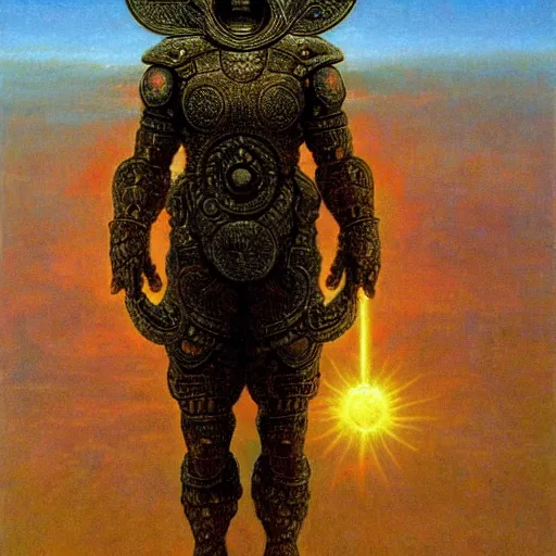 Image similar to god of the sun, wearing solar armor, infinity blade armor, beksinski