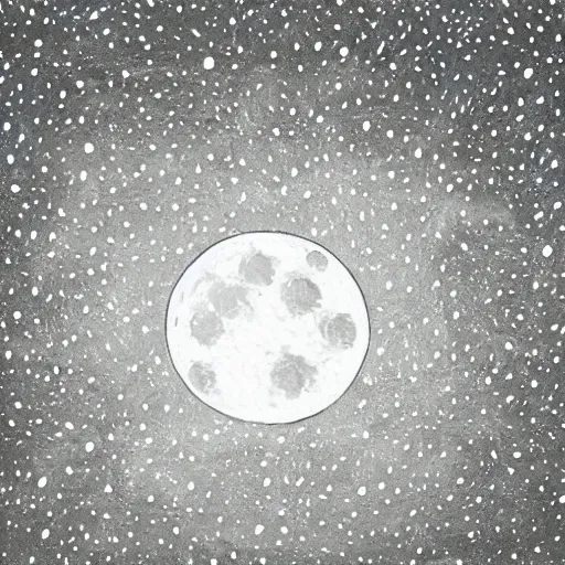 Image similar to a painting of the close up bright detailed moon surrounded by black sky and small speckled stars photo realistic light and detail