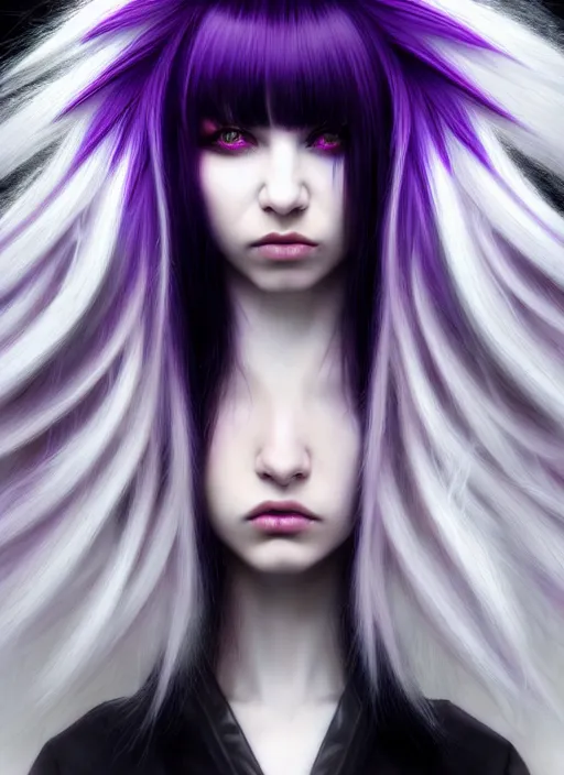 Image similar to hair whitebangs hair, black cyberlox, portrait of normal teenage girl, white bangs, messy bangs, fluffy bangs, cyberlox, whitebangs, red irises, purple background, intricate, elegant, highly detailed, digital painting, artstation, concept art, sharp focus, smooth, illustration, art by wlop, mars ravelo and greg rutkowski