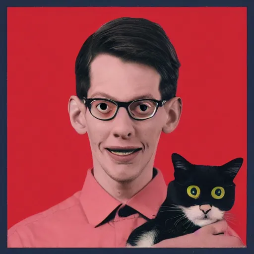 Image similar to an album of neil cicierega holding a cat, in a red color style, in a railroad background