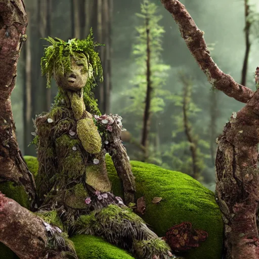 Prompt: a humanoid made of tree bark, moss, flowers, small foliage, realistic octane render, high detail