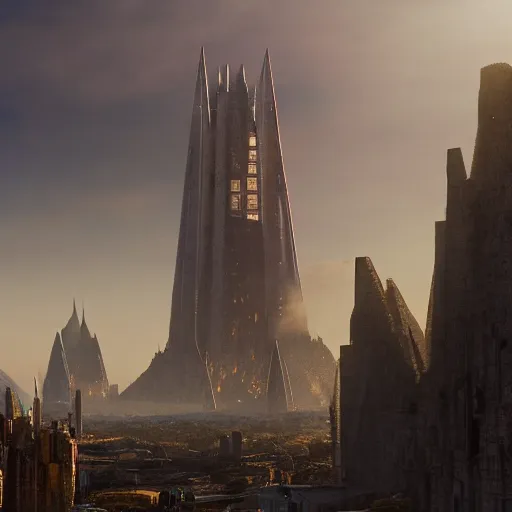 Prompt: a gigantic brutalist ancient tower, a detailed structure with at the top 3 spires in form of a trident, 6 0 0 hundred meters tall set against sunlit, all surrounded by smoke, mountains and a huge old city, 8 k, art station, ultra realistic, cinematic composition, style of weta, in the style of ilm