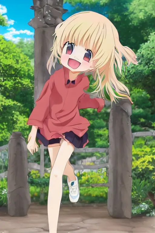 Prompt: a very cute art of a smiling blonde anime girl idol walking at the garden, mouth open, cheeky, in the style of anime, near a stone gate