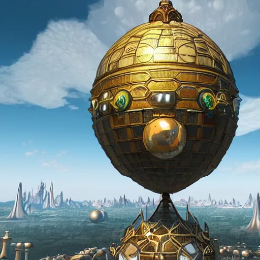 Image similar to enormous flying city in a faberge egg, sky, steampunk, fantasy art, masterpiece, unreal engine