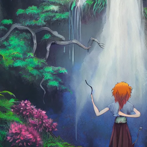 Prompt: painting of a fairy below a waterfall, in style of studio ghibli, dark colours, trending on artstation, detailed, high resolution