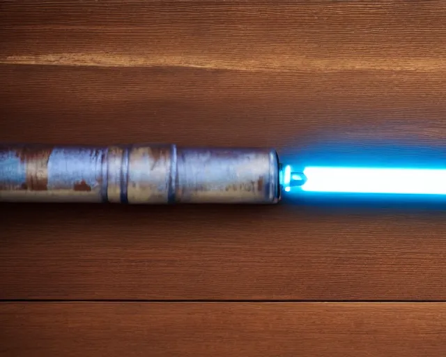 Image similar to a photograph of a lightsaber on a wooden table, very detailed, high definition,