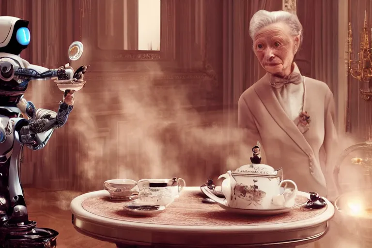 Image similar to VFX movie portrait of old woman served tea by a futuristic butler robot in a decadent living room by Emmanuel Lubezki