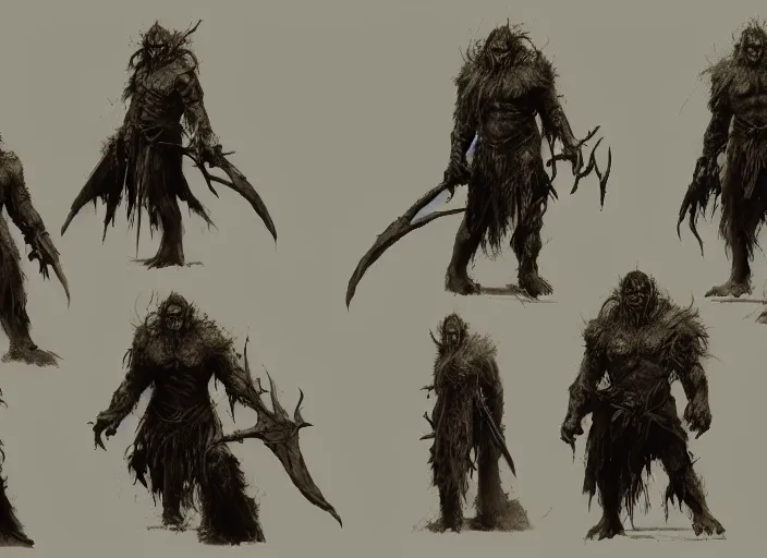 Image similar to feral orc chieftain charector concept sheet, beksinski, ruan jia, the hobbit orc concept, dark soul concept