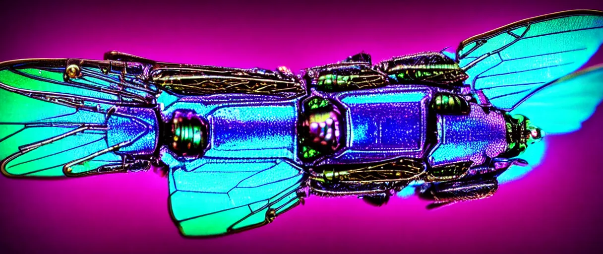 Image similar to high quality macro photo iridescent cyborg fly! jeweled very beautiful! highly detailed digital art david ligare elson peter cinematic purple neon lighting high quality low angle hd 8k sharp shallow depth of field