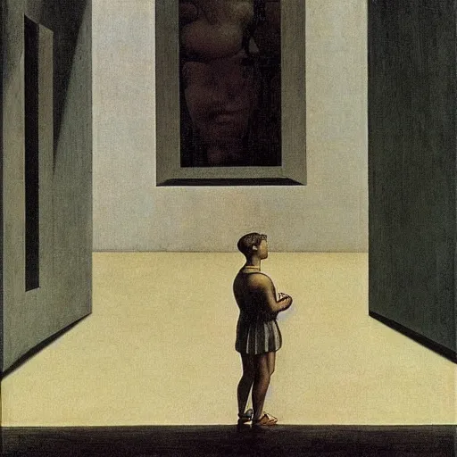 Prompt: young person looking through water wall, with clear glass, melancholic, sad, lots of raindrops, detailed, cinematic, dramatic lighting, by giorgio de chirico