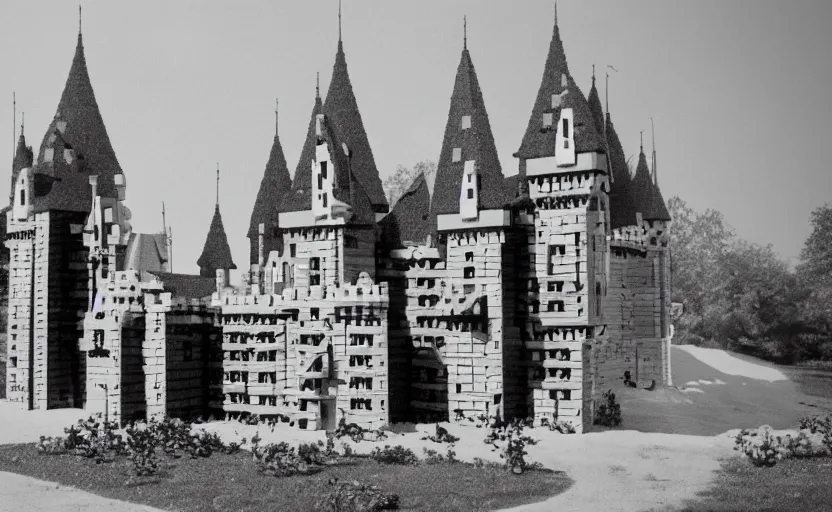 Image similar to an old black-and-white photograph of a Lego castle