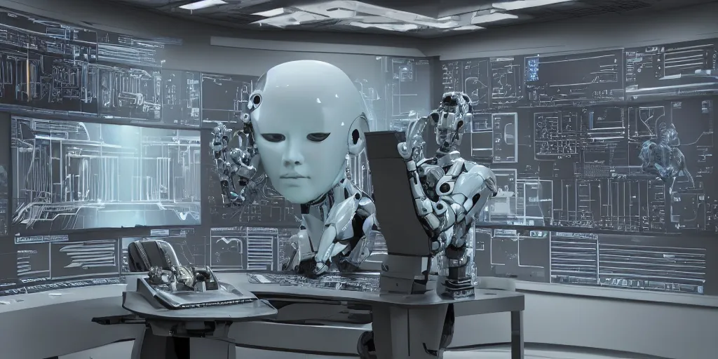 Image similar to a robot as The Thinker sculpture in a sci-fi control room, highly detailed, 8k UHD