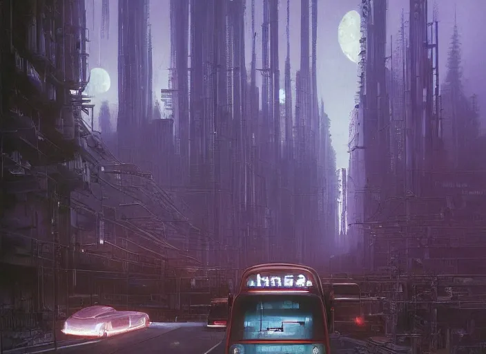 Image similar to a car bus driving down a street next to tall Forest-1 the night, cyberpunk art by Chesley Bonestell, cgsociety, retrofuturism, matte painting, reimagined by industrial light and magic