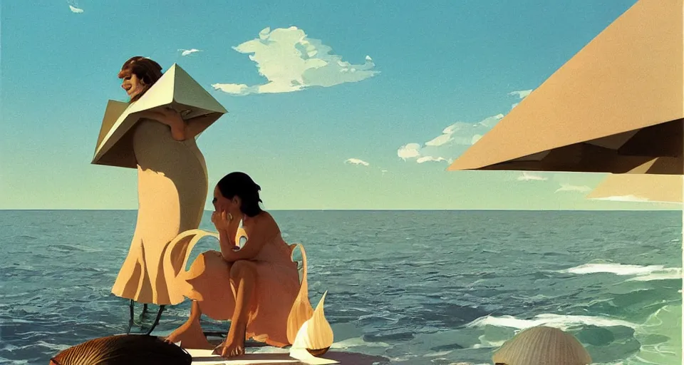 Image similar to a hermit girl outside her seashell home, atmospheric cinematography by syd mead