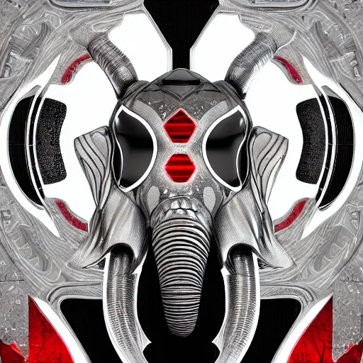 Image similar to futuristic elephant head, symmetrical, intricate black shaman ornaments, black oak patterns, iridescent reflection, mask big, mech mask, robotic ganesha head, mecha - elephant, white backround, graphic design, black white greys and red color, subsurface scattering, cyberpunk, unreal engine, octane render, imagined by devarshy