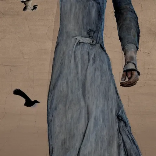 Prompt: a girl with long white long dress walking in black sand desert crows around her by egon schiele and michael angelo, baroque, neo Gothic,matte painting, baroque detailes,photo real,concept art,highly detailed,sharp lines, hdri, 4k