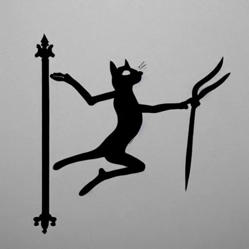 Image similar to tattoo design, stencil, a cat jumping in the air with a sword