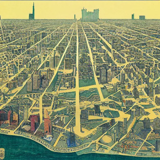 Prompt: highly detailed illustration of the milwaukee skyline, by edmund dulac and android jones, scans from museum collection, opical illusion, mind blowing, strange