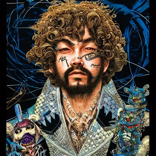 Image similar to portrait of crazy post malone, symmetrical, by yoichi hatakenaka, masamune shirow, josan gonzales and dan mumford, ayami kojima, takato yamamoto, barclay shaw, karol bak, yukito kishiro