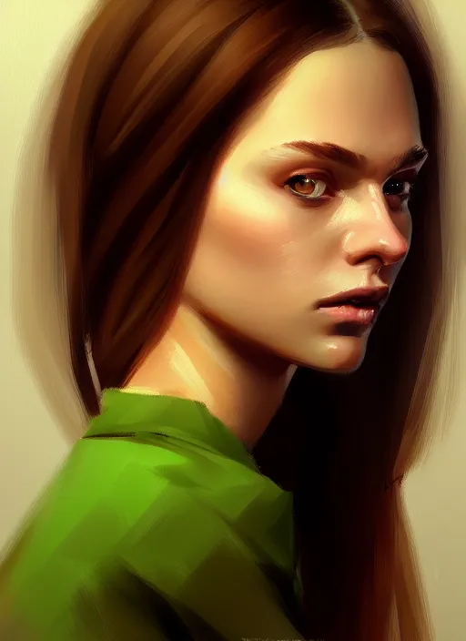 Image similar to portrait of a gorgeous young woman in the style of stefan kostic, green eyes, long brown hair, artstation, concept art