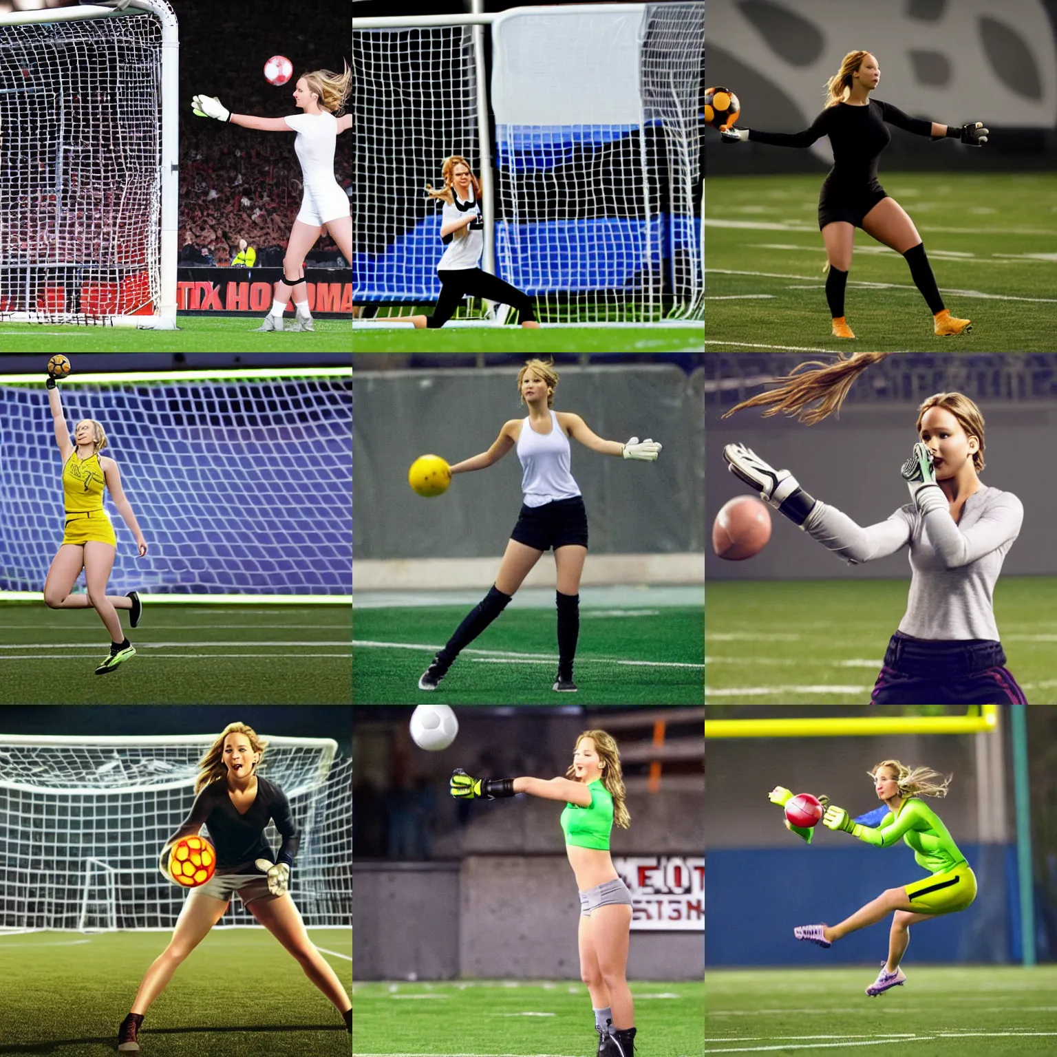 Prompt: Jennifer Lawrence as a goalkeeper, catching a football, in a football stadium