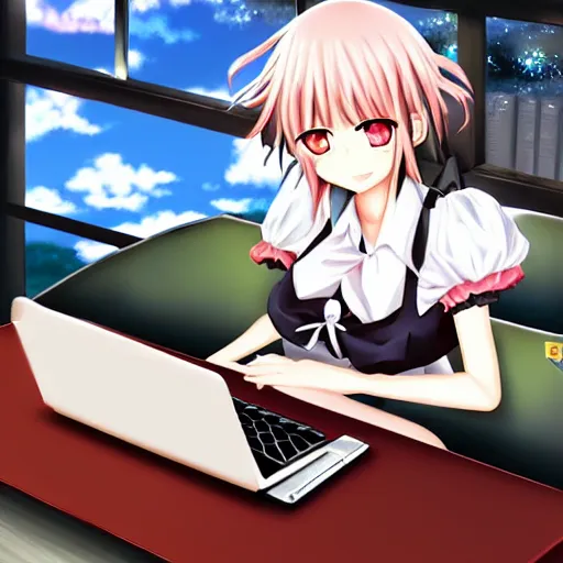 Image similar to marisa kirisame anime art, cafe, typing on laptop, touhou project