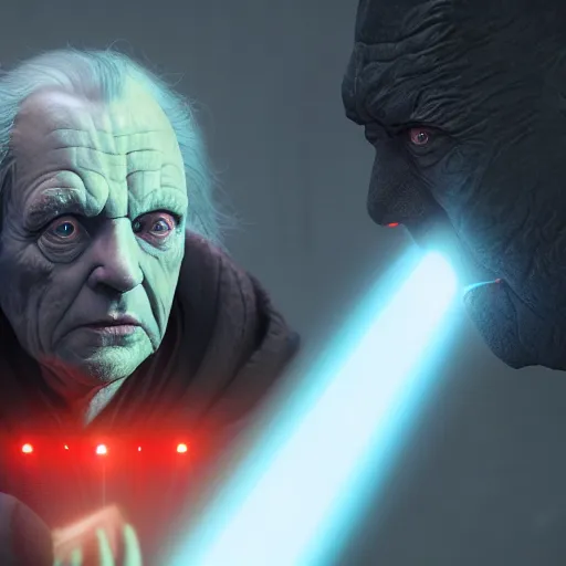 Prompt: portrait of darth sidious teaches master yoda the dark side of the force, 8 k uhd, unreal engine, octane render in the artstyle of finnian macmanus, john park and greg rutkowski