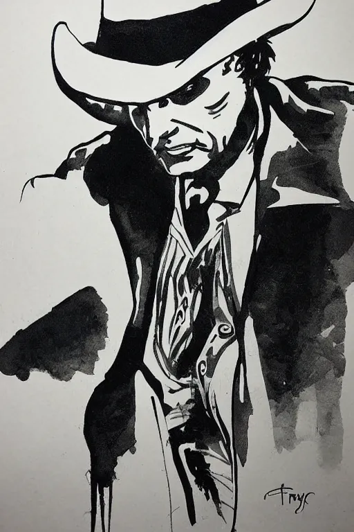 Image similar to ink painting of a single cowboy in style of Sin City by Frank Miller