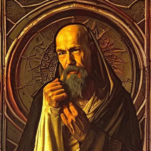 Image similar to a religious man with holes in his robes, holes in a religious man, annie swynnerton and nicholas roerich and jean delville, strong dramatic cinematic lighting, ornate tiled architecture, lost civilizations, smooth, sharp focus, extremely detailed