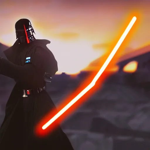 Prompt: an action photography of a jedi knight with drawn lightsaber sword escaping the empire, extreme long shot, in coruscant underworld, sunset photo at golden hour, wide - angle lens, 8 5 mm lens, award - winning photo, 4 k