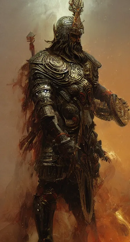 Image similar to zeus god, wearing thunder armor, greek ornamented armor, beksinski, ruan jia, weta workshop concept art