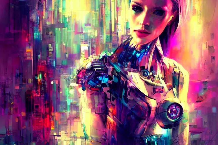 Image similar to cyberpunk robot cyborg portrait art scifi car in the background by yossi kotler, soft lighting, beautiful, smooth, pastel colors