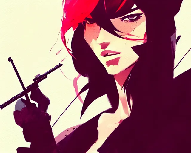 Image similar to a ultradetailed beautiful panting of a stylish gangster woman, by conrad roset, greg rutkowski and makoto shinkai, trending on artstation