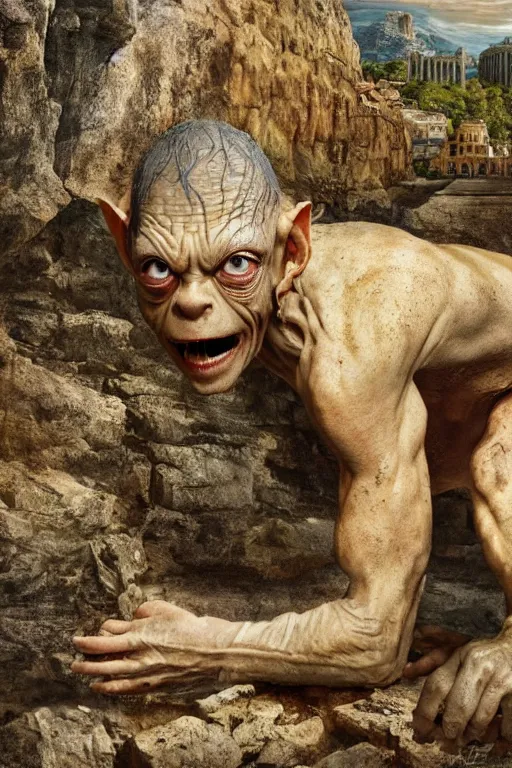 Prompt: gollum visits ancient athens, oil on canvas, intricate, 8 k highly professionally detailed, hdr, cgsociety