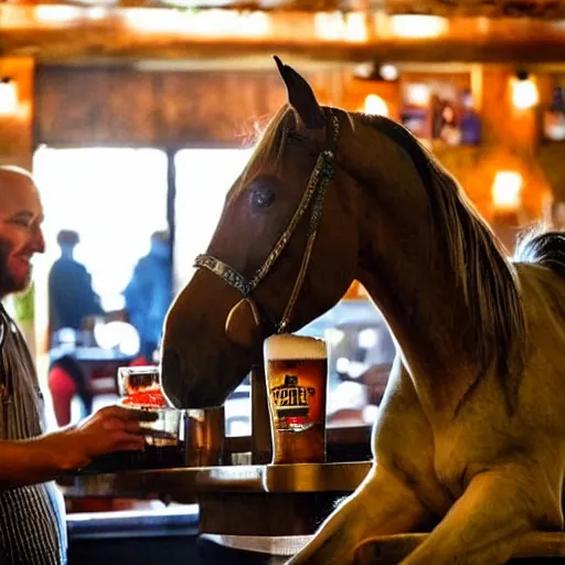Prompt: a horse sitting in a bar drinking a pint with a barman