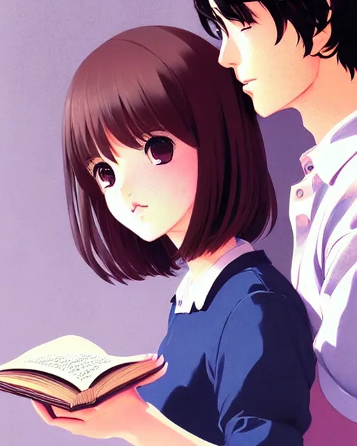 Image similar to cute girl reading book with her boyfriend, shy emotion. | very very anime!!!, fine - face, audrey plaza, realistic shaded perfect face, fine details. anime. very strong realistic shaded lighting poster by ilya kuvshinov katsuhiro otomo ghost, magali villeneuve, artgerm, jeremy lipkin and michael garmash and rob rey