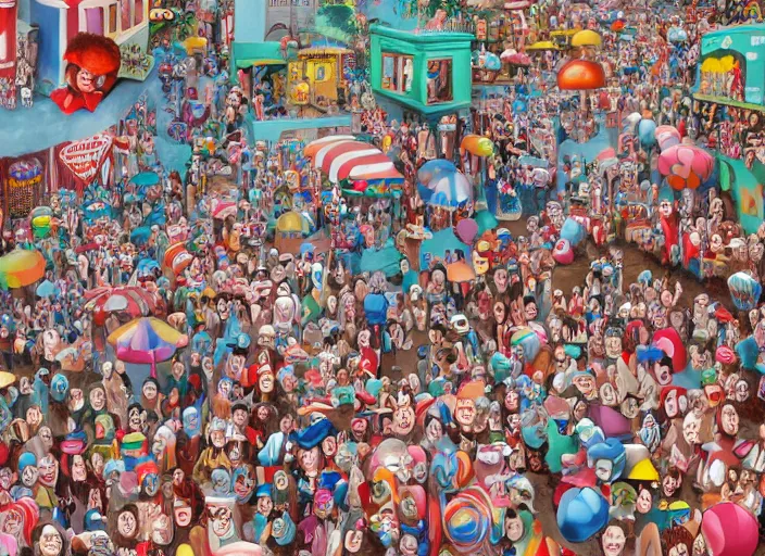 Prompt: where's waldo, lollipops and donuts, lowbrow, matte painting, 3 - d highly detailed, in the styles of lilla alvarado, camille rose garcia