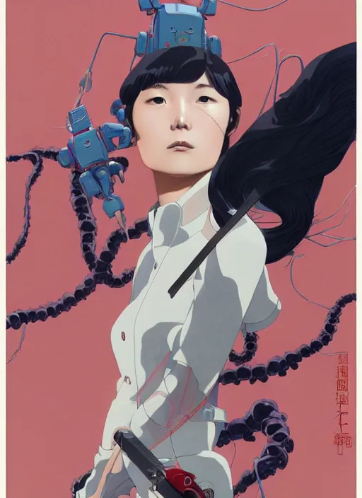 Image similar to Artwork by James Jean and Phil noto and hiyao Miyazaki; a young Japanese future police lady named Yoshimi battles an evil natures carnivorous robot on the streets of Tokyo; Art work by Phil noto and James Jean