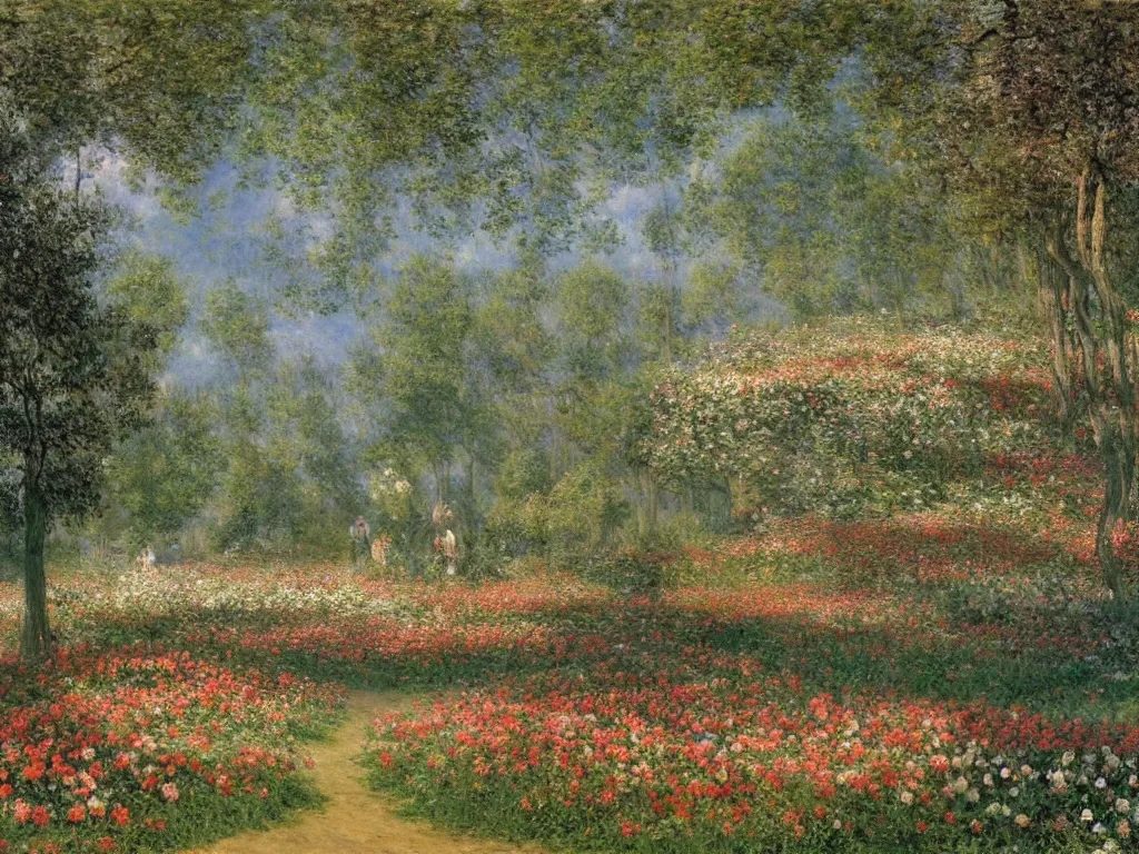 Image similar to a park with many beautiful flowers, by caspar david friedrich, by claude monet, canvas, paint, oil paint, tempera paint, dripping paint, splatter paint, macro, dof, insanely detailed and intricate, hypermaximalist, elegant, ornate, hyper realistic, super detailed