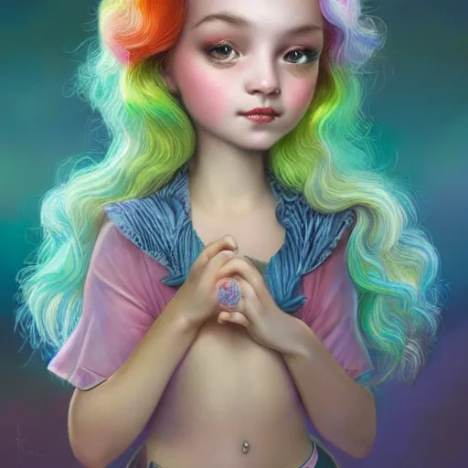 Image similar to an intelligent young girl with rainbow hair looking at the camera, she has a cute face, intricate, elegant, highly detailed, digital painting, artstation, concept art, smooth, sharp focus, illustration, art by mark ryden and gaston bussiere 3 d 8 k ultra detailed