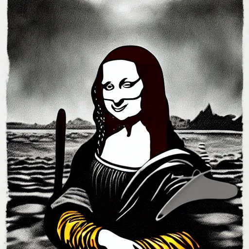 Image similar to grunge drawing of a happy mona lisa in the style of loony toons | horror themed | pennywise style