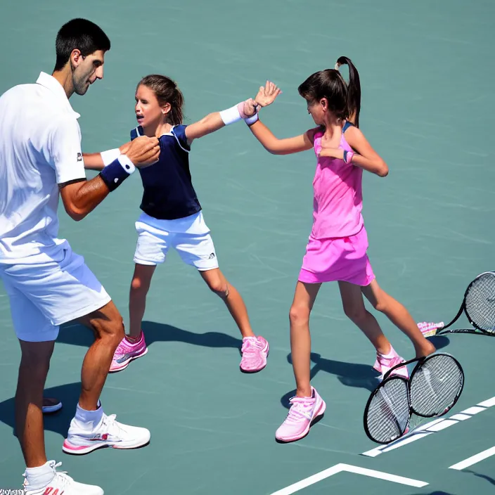 Prompt: novak djokovic slaps away the hand of a 9 year old girl who beat him at tennis. he refuses to shake after the match instead insisting she admit she cheated. the hand slap was an expression of his anger. professional photography. both players in view
