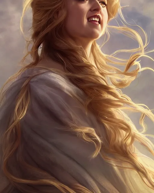 Prompt: happy whimsical jenna fischer cleric, long blonde wind swept hair, ethereal, dreamy, backlit, highly detailed, stern expression, realistic lighting, sharp focus, windswept, rule of thirds, symmetrical facial features, by artgerm, wlop, rossdraws, frank frazetta, andrei riabovitchev, trending on artstation, hd, 4 k, fantasy